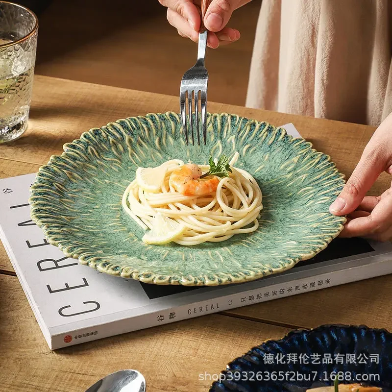 

Kiln change retro style ceramic flower plate, creative household sunflower plate, fruit salad plate, Japanese plate