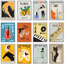 Abstract Jazz Festival Red Black Cat Canvas Painting Woman Wall Art Nordic Music Posters Prints Pictures Home Room Decor Cuadros