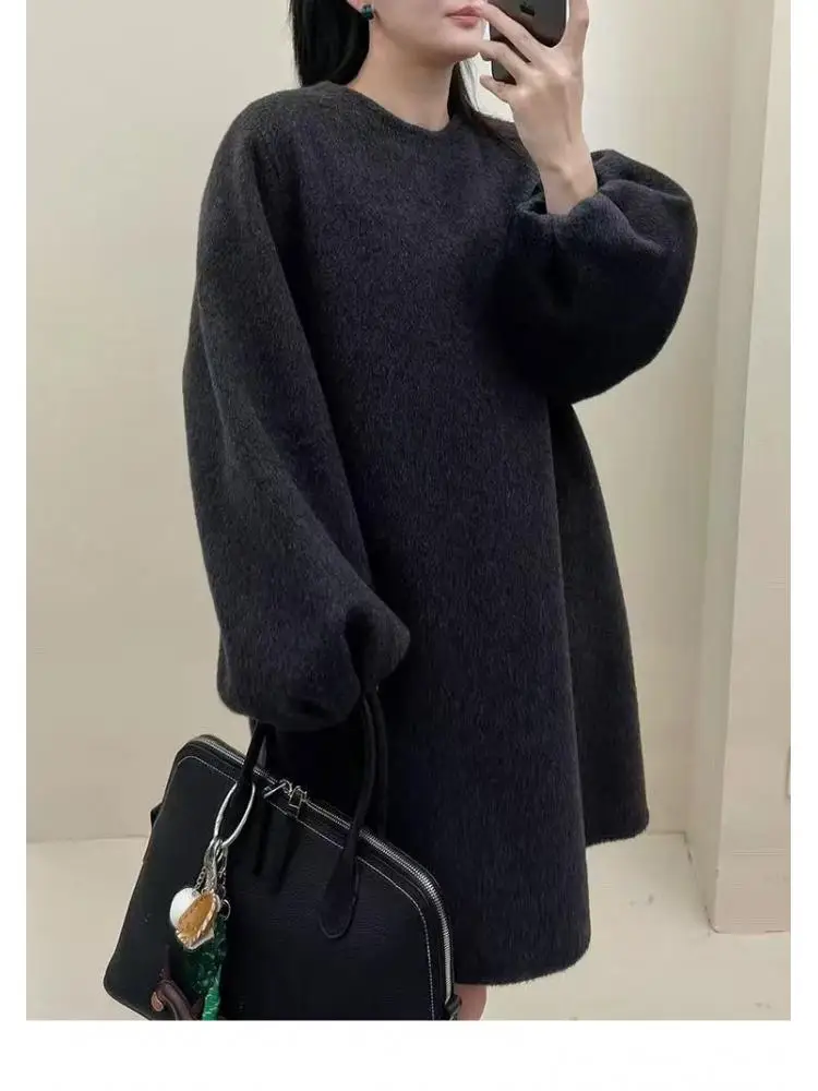 

Офисное женское короткое теплое шерстяное пальто 2022, осенне-зимнее двустороннее свободное женское пальто средней длины с круглым вырезом из 100% шерсти