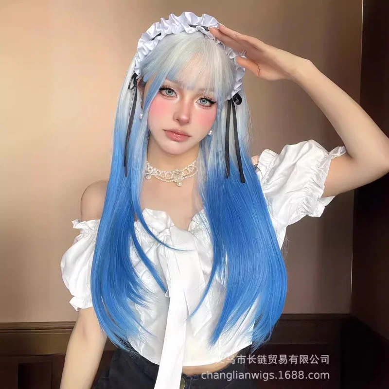 

Long hair women, popular blue and pink air bangs, versatile style for cosplay, full head wig