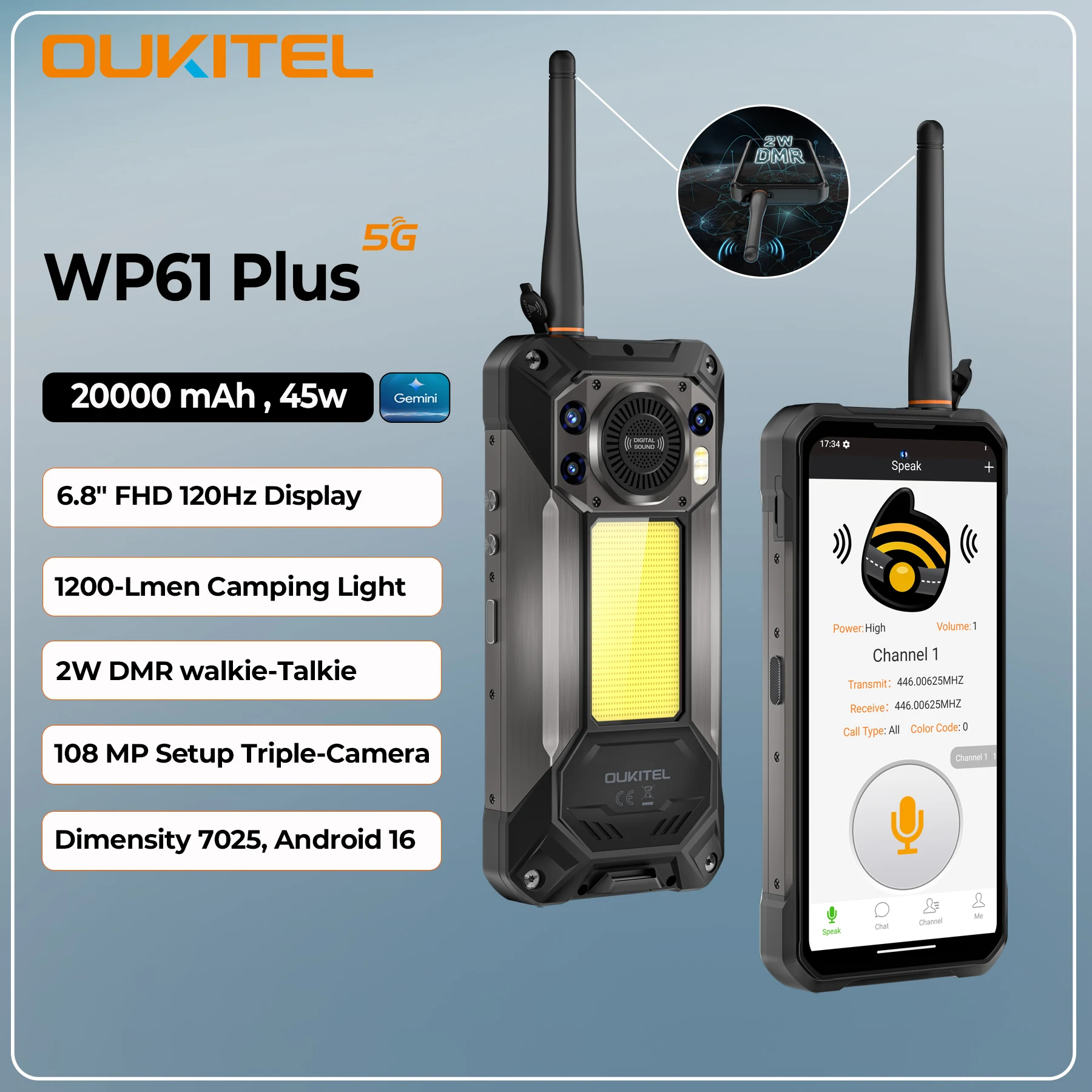 

OUKITEL WP61 Plus Walkie Talkie 5G Rugged Smartphone, 120Hz 20000mAh Android 16 NFC Cell Phone, 36GB(12+24)+512GB, 108MP Camera