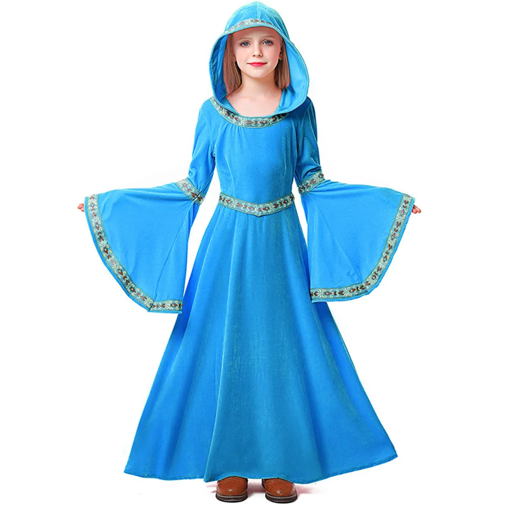 

Vintage Medieval Court Hooded Dress for Girls Pink Blue Fancy Outfits Robe Wizard Renaissance Christmas Halloween Costume