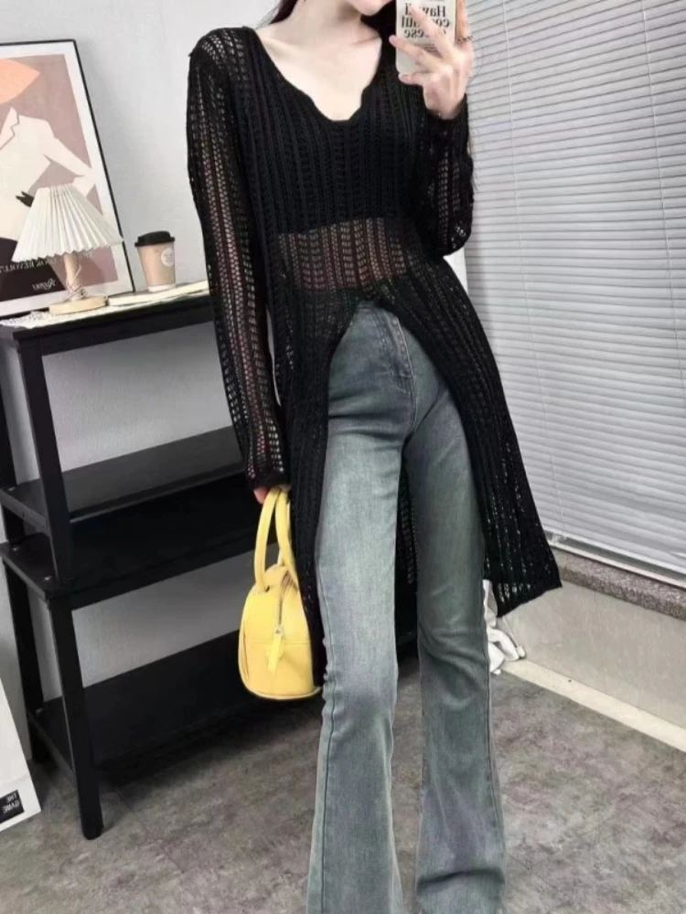 Spring Autumn V-neck Split Knitted Thin Long Shirt Women Fashion Hollow Out Casual Long Sleeve Sunscreen Tops Elegant Blouse Top
