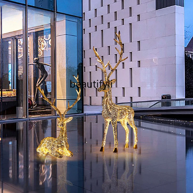 Outdoor Stainless Steel Hollow Luminous Elk Floor Ornaments Courtyard Metal Sculpture