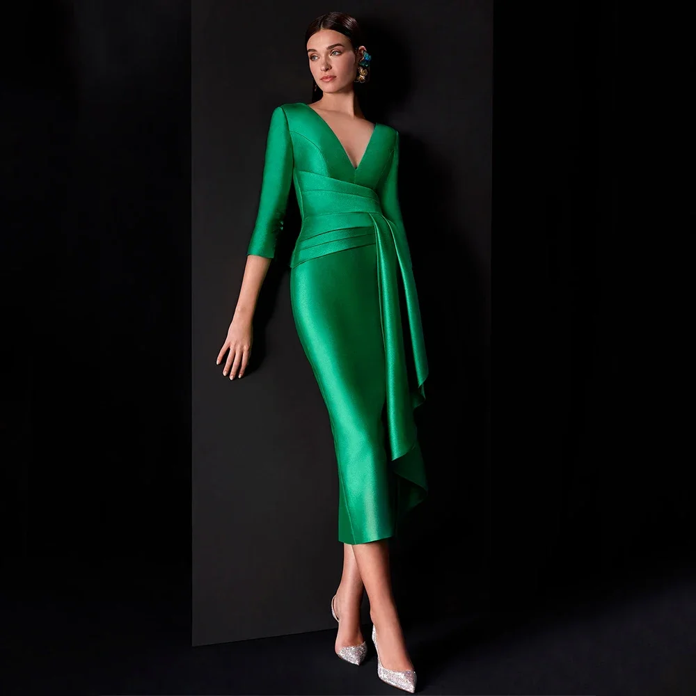 Classic Green Mother of the Bride Dress Column V Neck 3/4 Sleeves Midi Ruffle Satin Party Banquet Guest Gown