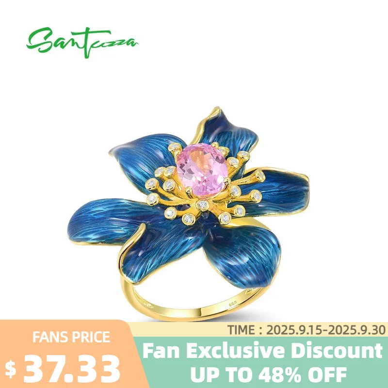 

SANTUZZA Серебряные кольца для женщин, стерлинговое серебро 925 пробы, синий цветущий цветок, созданный в лаборатории, розовый сапфир, ювелирные изделия, эмаль ручной работы