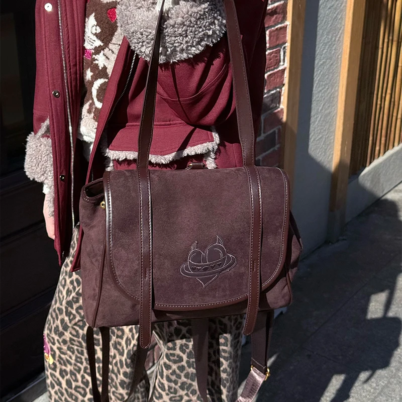 ELFSACK Y2K Women's Suede Heart Embroidery Backpack