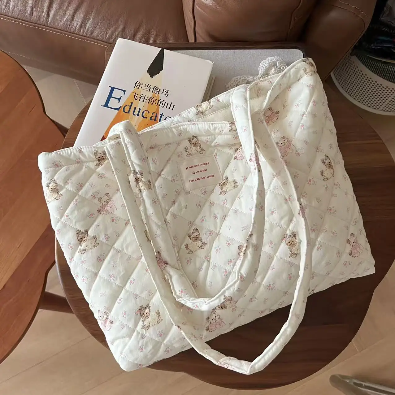 

YIFAN Cotton Floral Tote Bag for Women Handbag Trendy Chic Puffy Handle Bag Quilted Padded Shoulder Bag Designer Shopper Bags