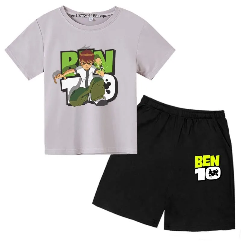 Kids Cartoon Ben Tennyson 10 Print Summer 2pcs Breathable Tees+Shorts Sports Suits 3-13Years Boys Girls Outfits Children Clothes