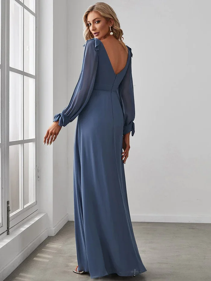 Women\'s elegant Open Lantern Sleeve double V-neck long sleeved chiffon A-line slit Bridesmaid Dress