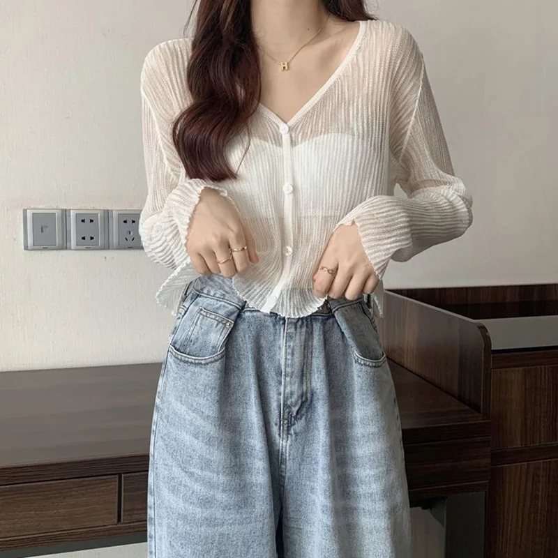 Pink Knitted Cardigan Women Korean Single-Breasted Ice Silk Sunscreen Tops Woman 2023 Summer See Through Thin Long Sleeve Coat