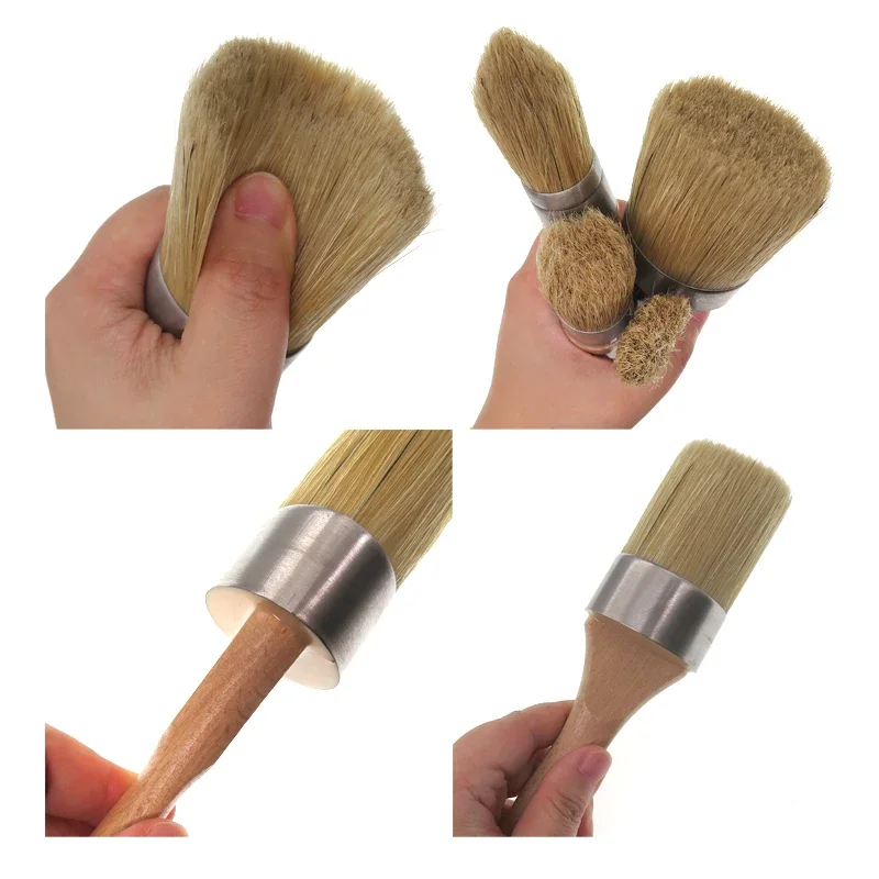 Chalk and Wax Paint Brush Set 4Pcs Natural Bristle Paint Brushes with Wooden Handle for Painting Waxing Furniture Home Decor DIY