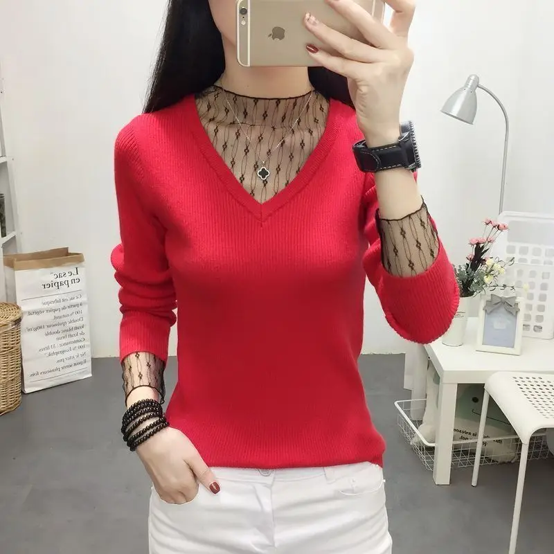 Women\'s Clothing V-neck Lace Mesh Gauze Sweaters Autumn Fashion Loose Long Sleeve Knit Pullovers Lady Elegant Chic Tops 40-80Kg