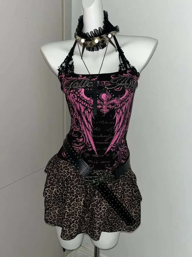 American Retro Punk Halter Lace Tank Top Wing Cross Print Y2K Slim Fit Harajuku Chic Subculture Streetwear Sleeveless Top Women