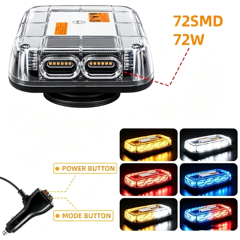 72-LED Vehicle Warning Light Bar with 48N Base, 12-24V Accessory Power Cord and Selectable Flashing Modes 68UF