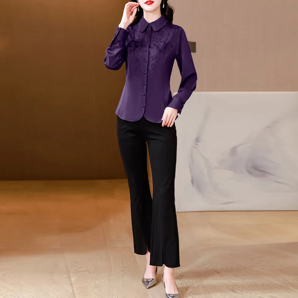 2024 Spring Autumn Elegant Fashion Women Blouse Office Lady Tops Single-breasted Embroidered Long Sleeve Women Shirts Blusas