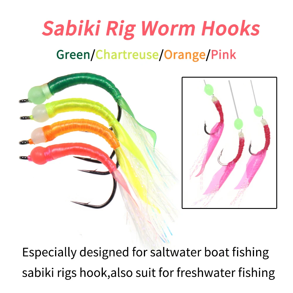 Elllv Offshore Sabiki Rig Worm Hooks Bass Fishing Fly with Glow Beadhead Flash Tinsel Tail Pike Perch Mackerel Fishiing Lure