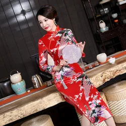 Over Size 4Xl 5Xl 6Xl Qipao Vintage Chinese Style Dress Sexy Print Peacock Cheongsams Women Silk Satin Qipao Split Long Vestidos