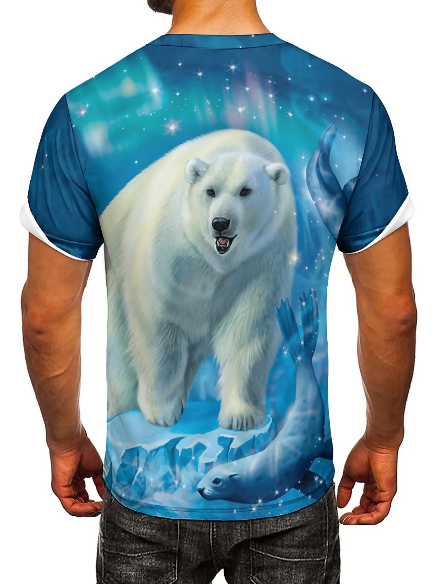 Men'S Plus Size Polar Bear 3D Print T-Shirt - Cool Hip-Hop Style, Blue Arctic Scene with Glacier & Foliage, Short Sleeve