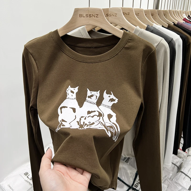 تنوعا سليم صالح القمم الخريف الشتاء تي شيرت المرأة شيك مطبوعة القطن بأكمام طويلة س الرقبة الكورية نمط بسيط قاعدة طبقة تيز