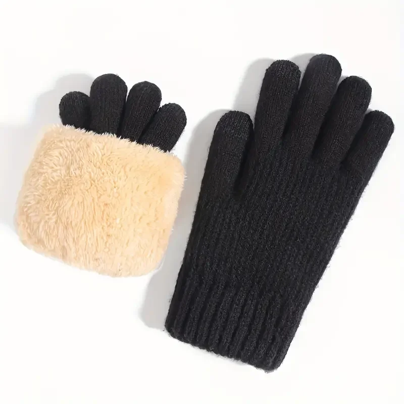 1 Paar Herren Schwarz Winter Doppelschicht Plus Samt Verdickte Strickhandschuhe, Outdoor Touchscreen Warme Vollfingerhandschuhe