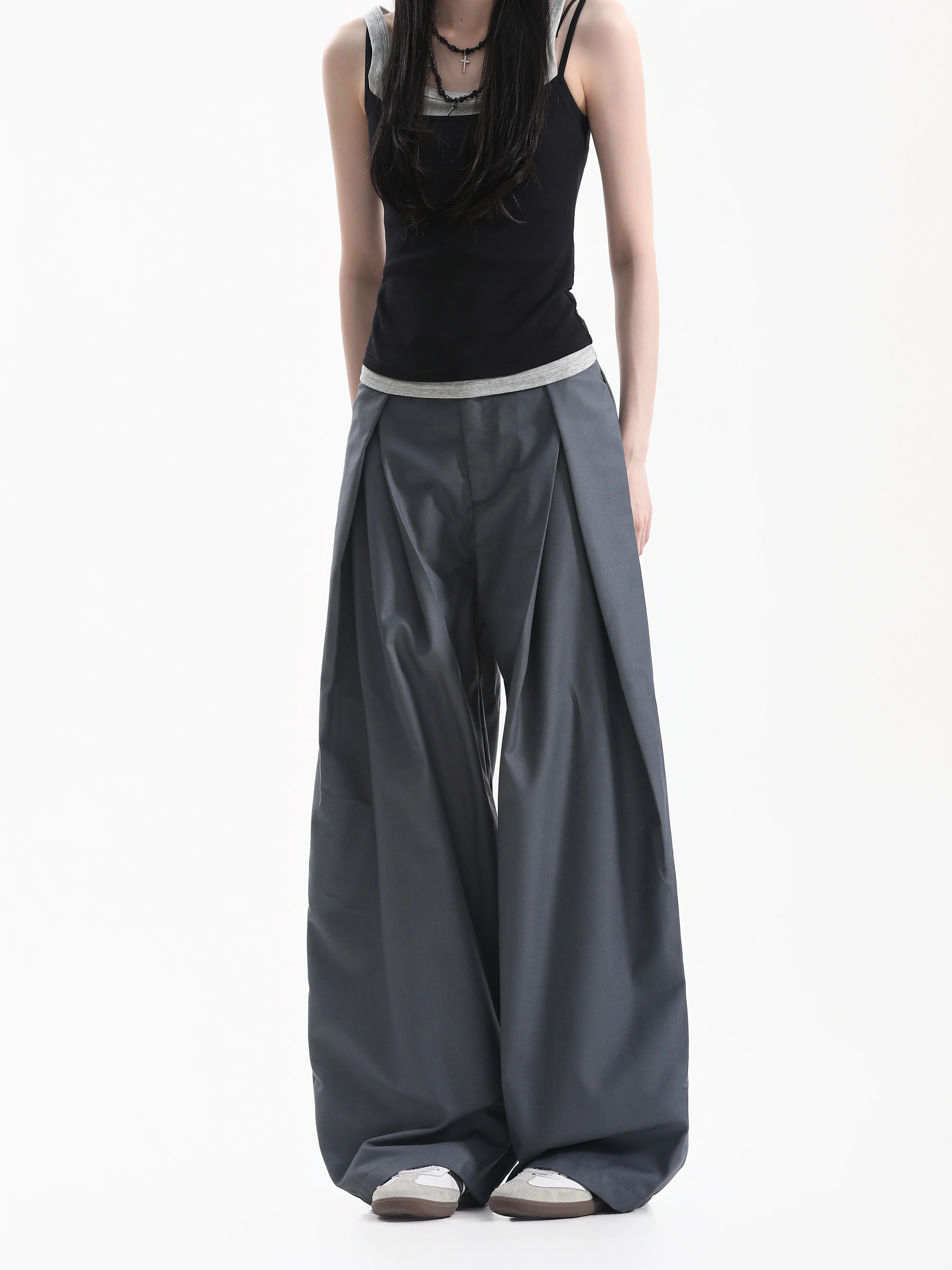 American Retro Pleated Design Wide Leg Casual Pants Women High Waist Draped Straight Leg Suit Pants Comfortable Loose Fit Tro...
