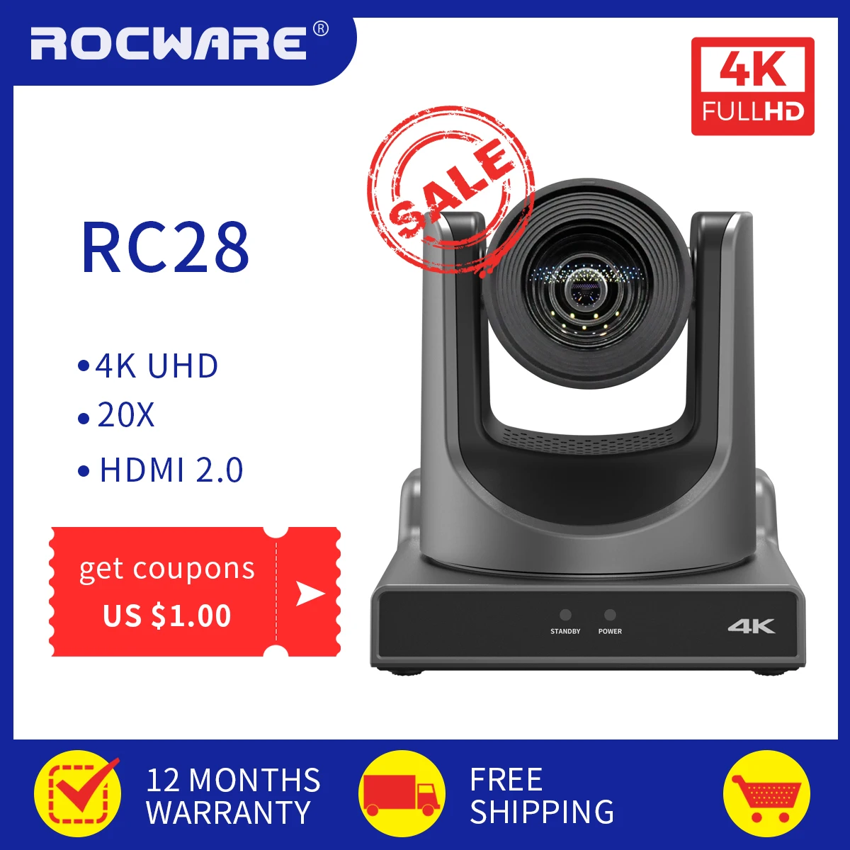 

ROCWARE RC28 4K UHD видеокамера 20x оптический зум NDI®| HX2 протокол AI отслеживания для демонстрации церковного бизнеса