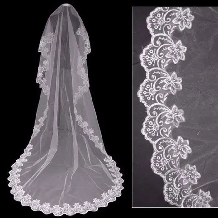 Long Cathedral Veil 1 Tier Lace Wedding Applique Bridal Head Wrap(No Comb)