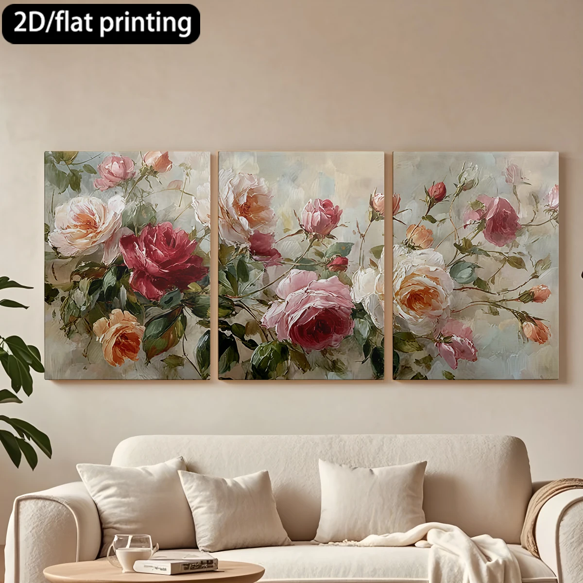 

Декоративная картина на холсте с тремя панелями, масляная живопись, разноцветные розы.