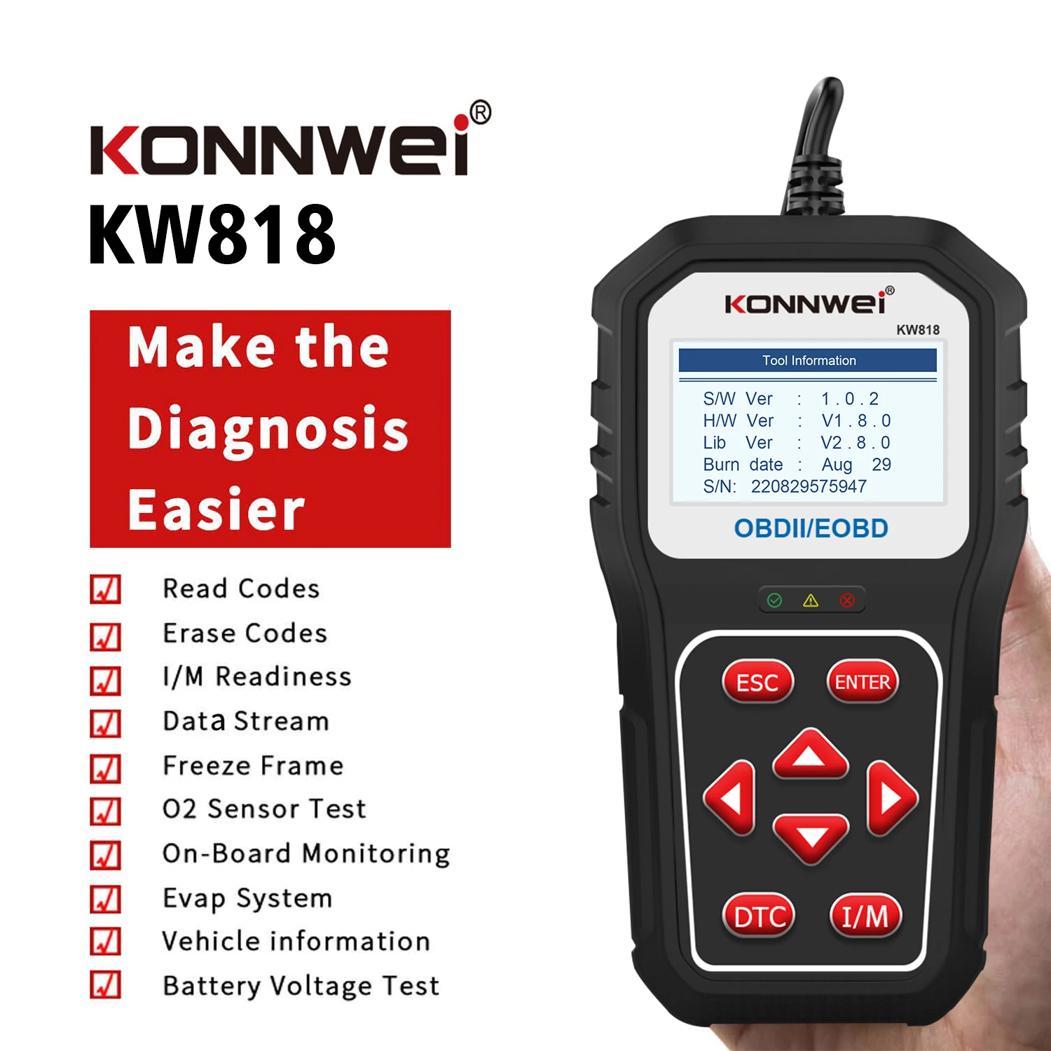 KONNWEI KW818 Car Diagnostic Tools OBD2 Support CAN J1850 Engine Fualt Code Read 12V Battery Tester Enhanced OBD2 Auto Scaner