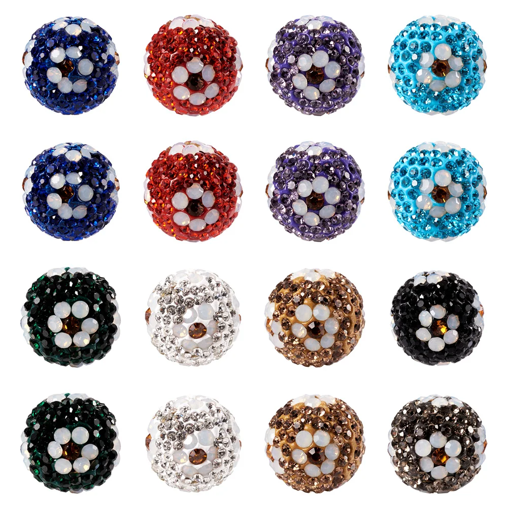 20 piezas cuentas de bolas de discoteca pavimentadas, diamantes de imitación de arcilla polimérica de 16mm, redondas con cuentas de flores para fabricación de joyería, pulsera DIY, collar, pendiente