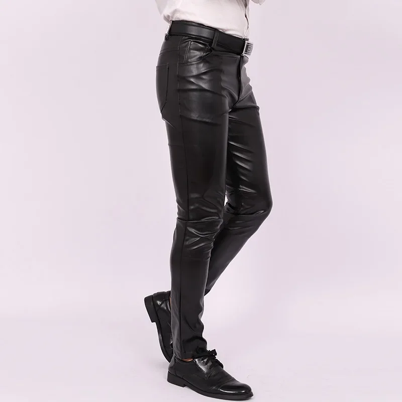 2025 Men's Slim Fit Skinny Pants Tight Stretch Leather Pants Teen Trend Motorcycle PU Leather Pants