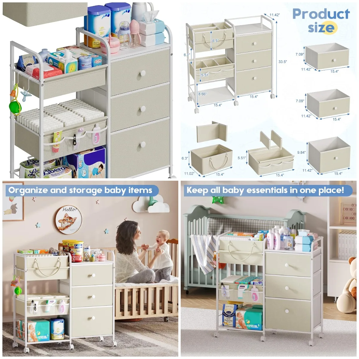 

2-in-1 Baby Diaper Caddy, 3-Tier Rolling Cart with Drawers & Dividers, Mobile Nursery Organizer
