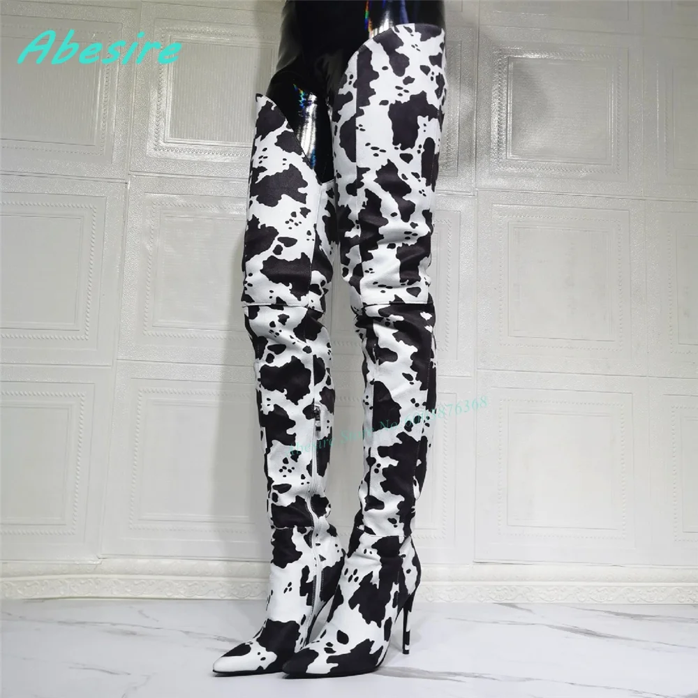 Cow Pattern Patchwork Over The Knee Boots Pointed Toe Thin Heels Zipper Women's Boots Mixed Colors Pleated Party Fashion Shoes