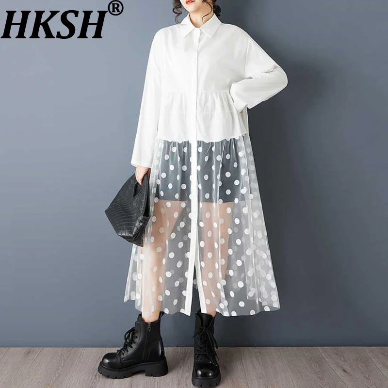 

HKSH Spring Autumn New Women's Long Shirt Oversized Polka Dot Printed Mesh Patchwork Elegant Casual Sweet Blouse Dresses HK16158