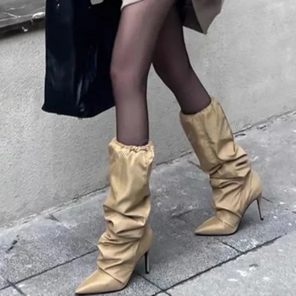 

Gold Pointed Toe Pleated Boots Mid Calf Stilettos High Heels High Heel Shoes for Women Sexy Heels 2025 New Zapatos Para Mujere