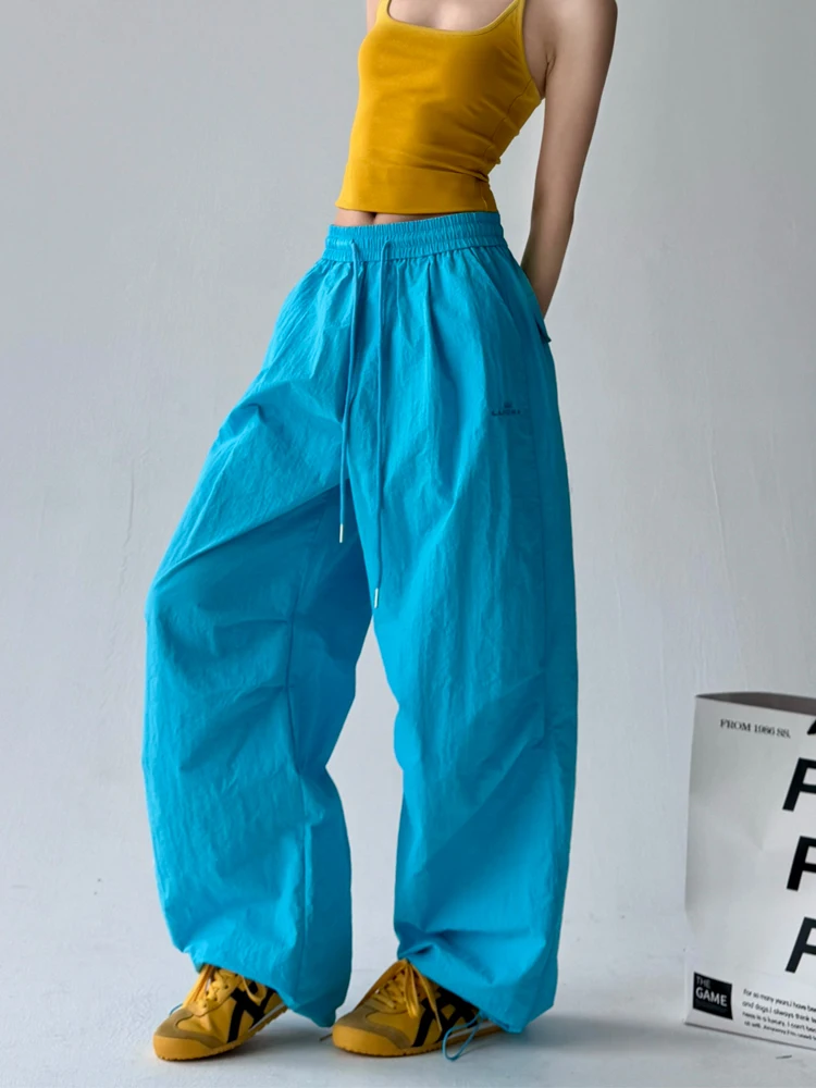 Spodnie damskie na wiosnę i lato 2025, szerokie nogawki, luźne, w stylu hip-hop, spodnie spadochronowe, retro, plisowane, proste, codzienne.