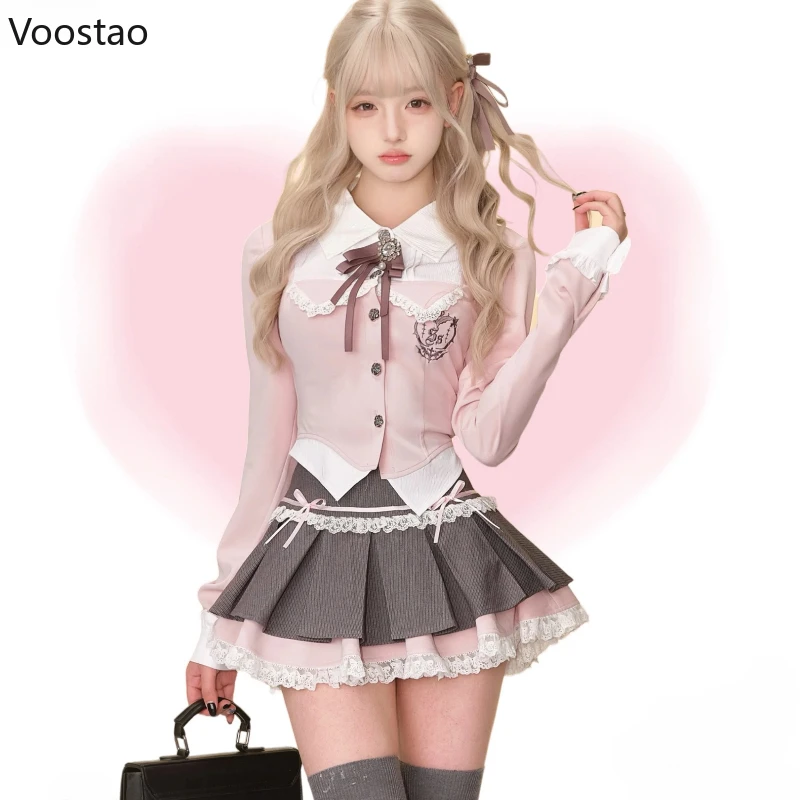 

Kawaii Sweet Preppy Style Lolita 2 Piece Set Women Cute Long Sleeve Patchwork Slim Shirt Tops Lace Ruffle Bow Pleated Skirt Suit