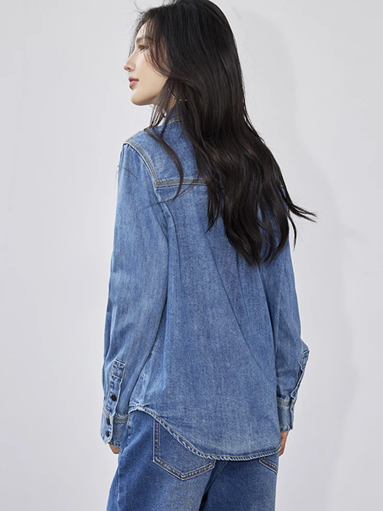 Denim Shirts for Women 2024 Autumn New Buttons Long-Sleeved Shirt Korean Style Loose Turn-down Collar Blouse