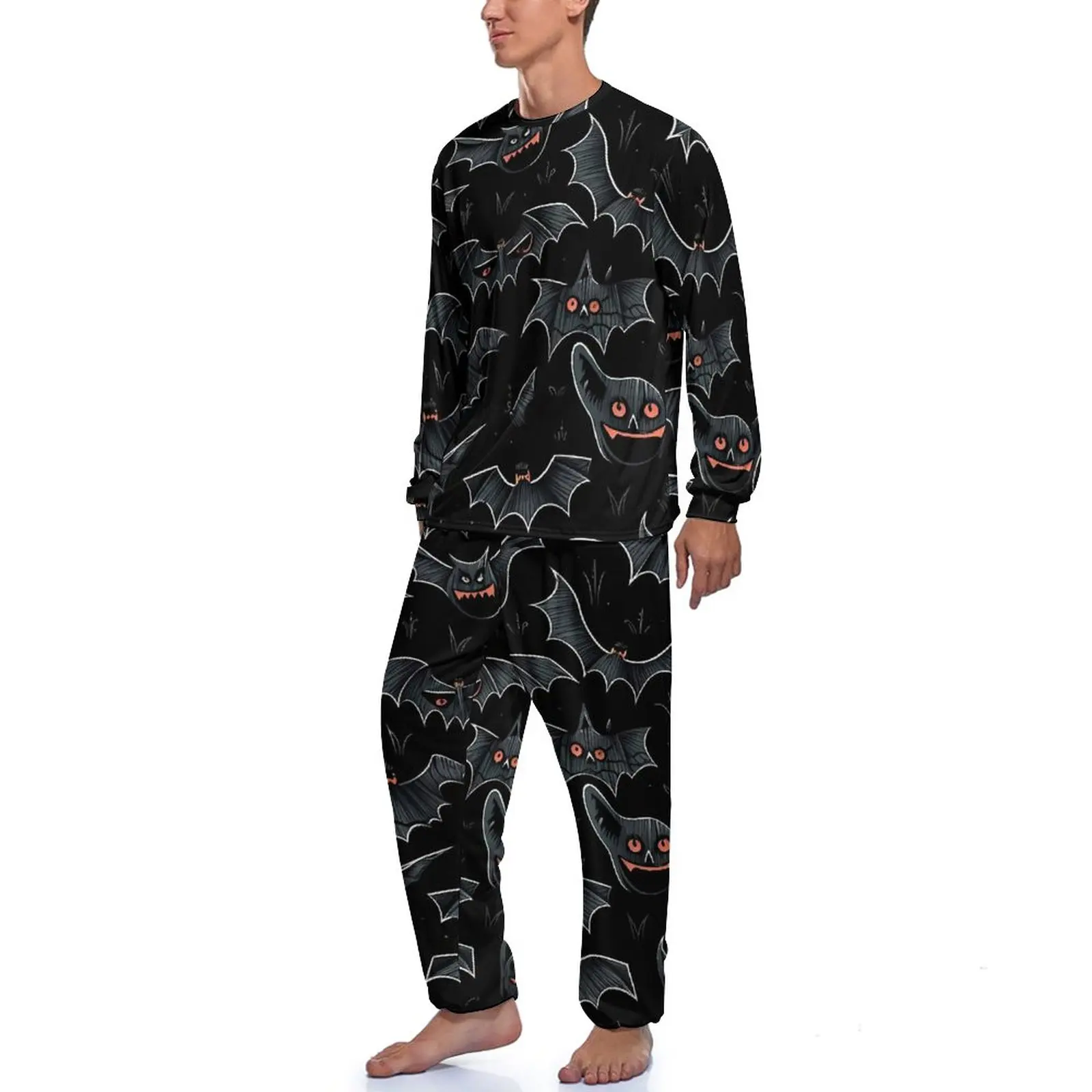 Orange-eyed Bat Pajamas Spring 2 Pieces Spooky Animal Retro Pajama Sets Man Long-Sleeve Casual Printed Sleepwear