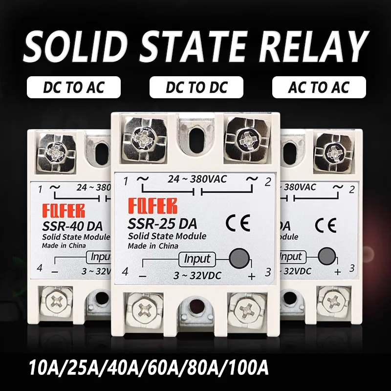 

10A SSR 25A Solid State Relay 40A Output 3-32VDC 24-480VAC 220V Single Phase DC TO AC 40A Relay SSR HeatSink SSR 40DA