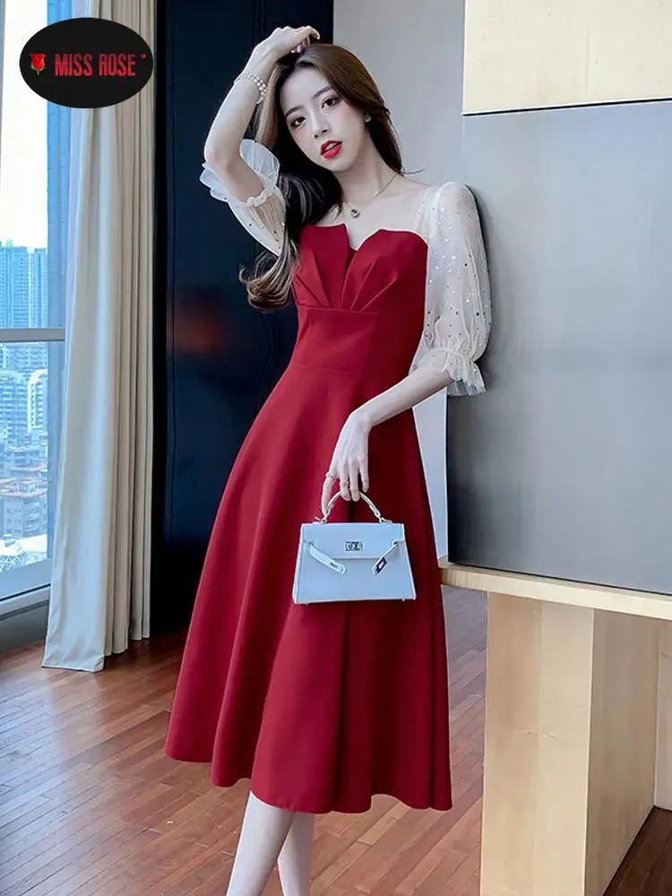 

Design Party Banquet Formal Pleated A Line Dress Women Quilted Spliced Wine Red Dress Sheer Short Sleeve Fairy Princess Vestidos