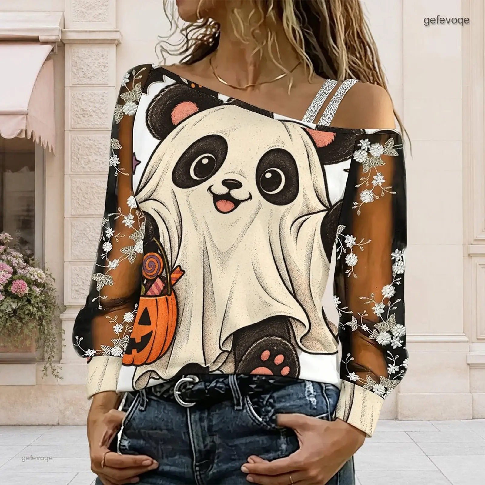 Women Asymmetric Cold Shoulder Long Sheer Sleeve Top Cute Ghost Panda Pumpkin Floral Printed Blouse
