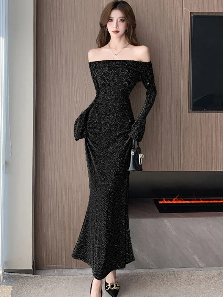 

2024 New Black Polka Dot Chic Slash Neck Sexy Long Dress Women Elegant Ruffled Mermaid Dress Autumn Winter Korean Bodycon Dress