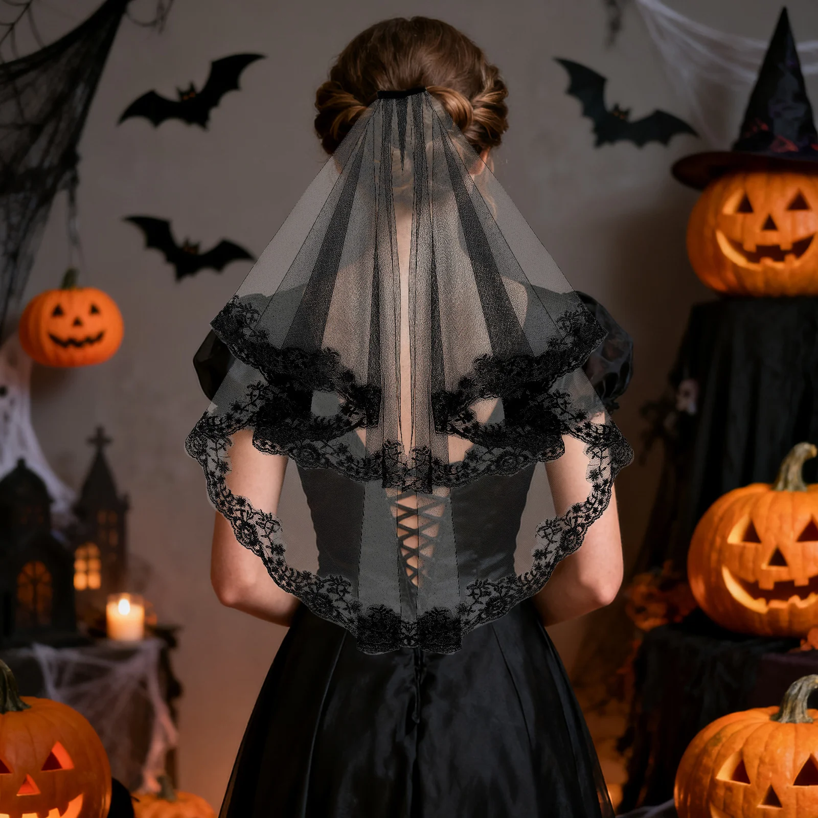 

Black Lace Elegant Bridal Veil Vintage Grenadine Material Delicate Long Yarn Mantilla Perfect for Halloween Bride Wedding