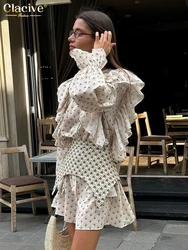 Clacive Fashion Loose Print Women's Dress 2025 Casual O-Neck Long Sleeve Mini Dresses Elegant Classic Ruffle Girdle Female Dress