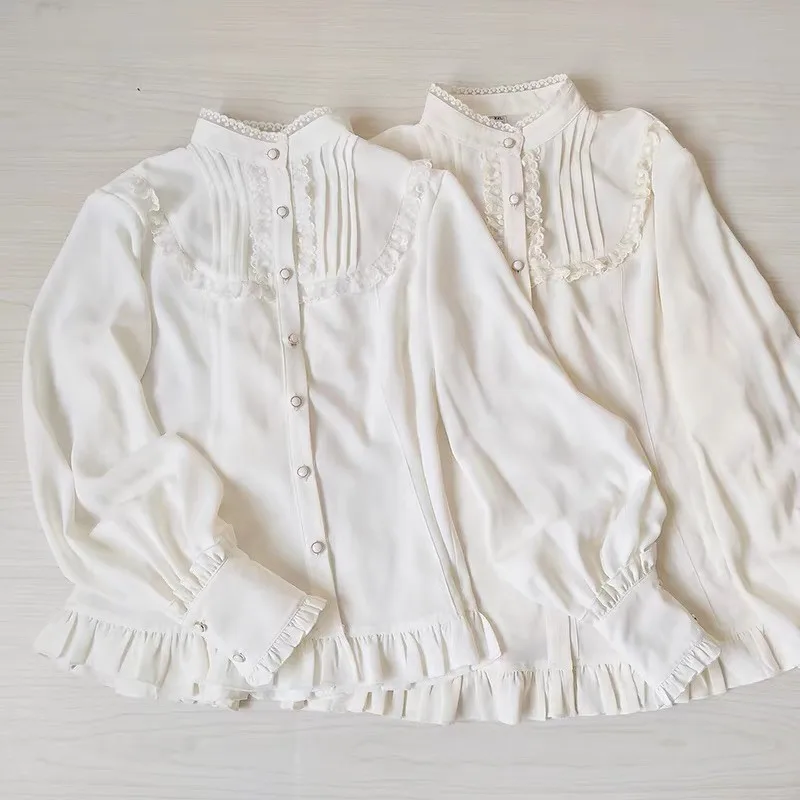 

Y2K Aesthetic Lolita Blouse Women Cute Ruffle Lace Trim Puff Sleeve Peter Pan Collar Victorian Vintage Party Tops Lace patchwork