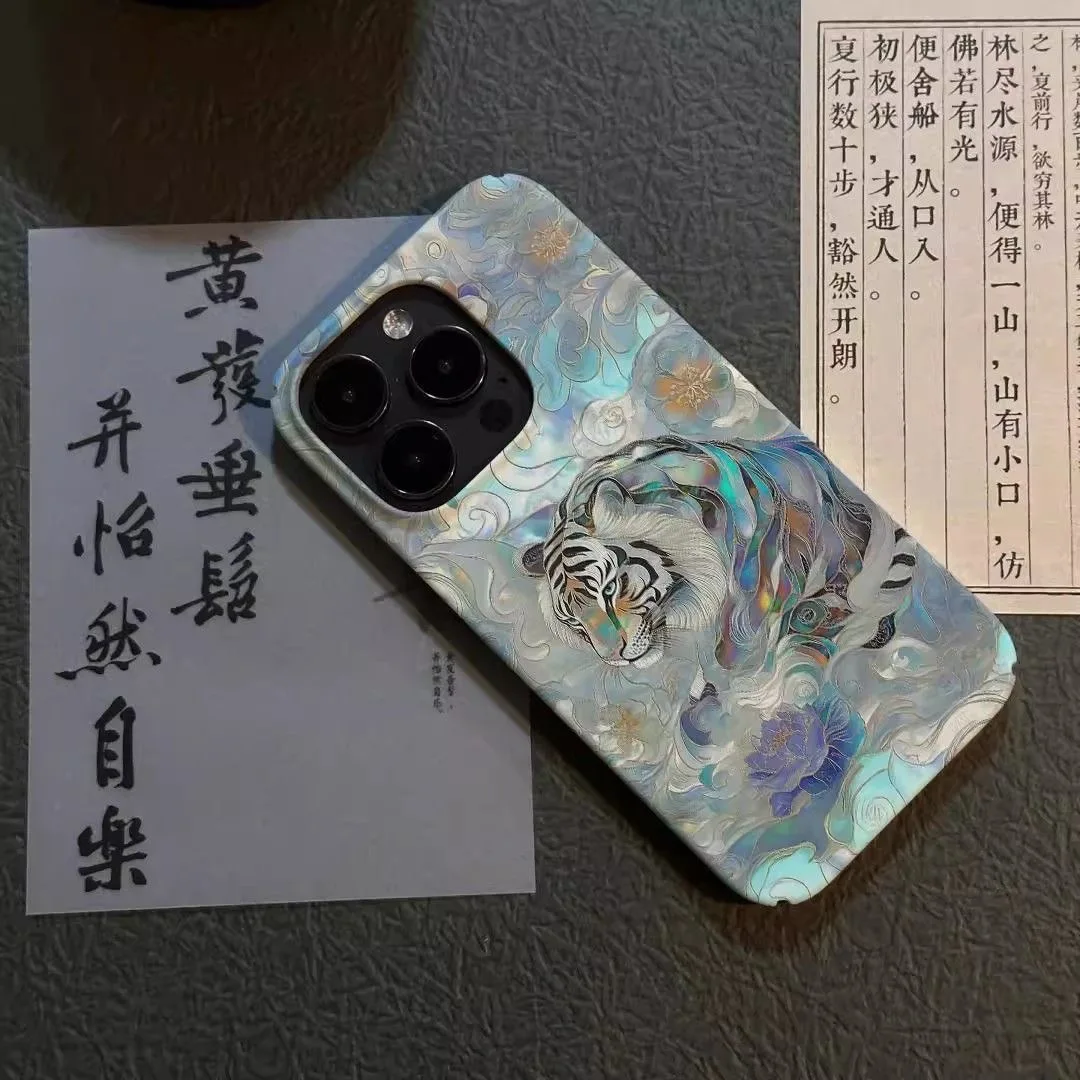 Chinese-style Tiger in Mist & Floral Pattern Mysterious Vibe Phone Case for iPhone 16 15 14 11 12 13 Pro Max Plus Back Cover