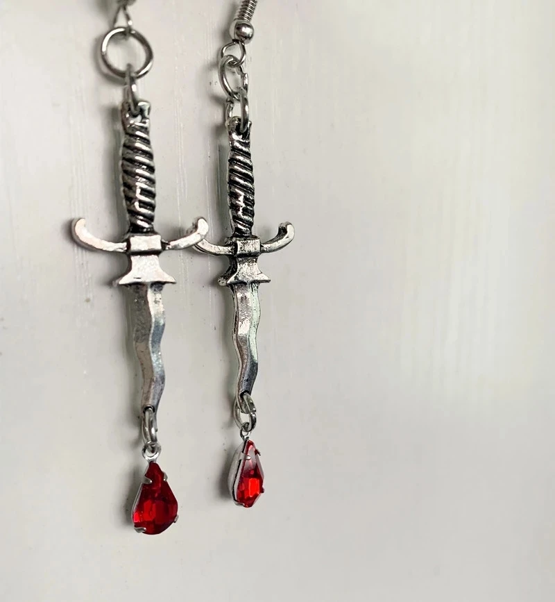 gothic, dagger earrings with blood red, knife earrings, red drop earrings, horror jewelry