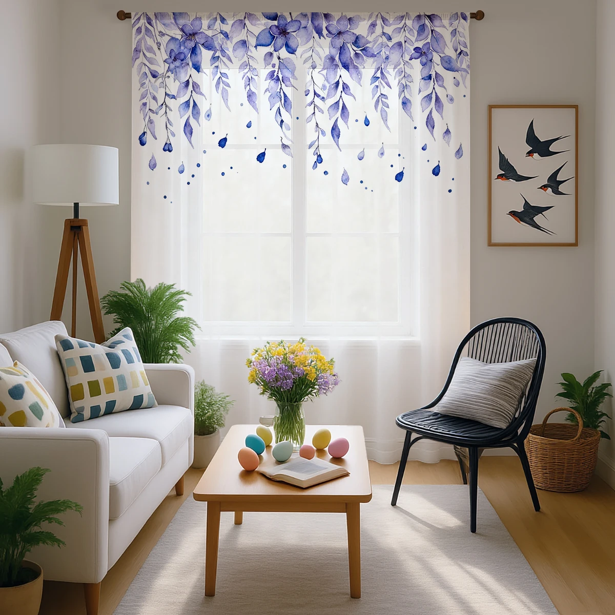 

1 шт. Прозрачная штора из ткани с узором индиго-глицинии - Акварельный узор с листьями, подвесная штора для окна, для элегантного домашнего декора
